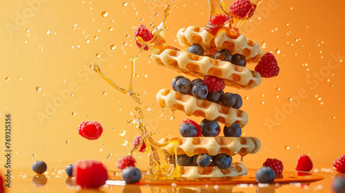 A delectable stack of waffles adorned with syrup and blueberries suggestive of joyous mornings