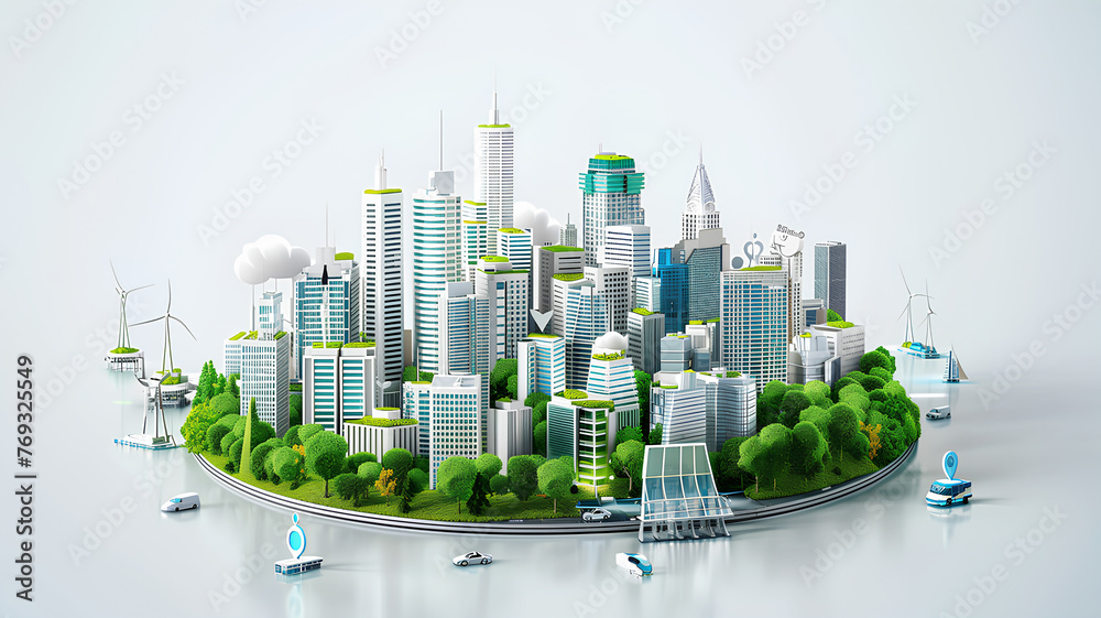 Obraz premium Eco-Friendly Sustainable City with Renewable Energy . A miniature model representation of a sustainable city utilizing renewable energy, featuring green spaces, wind turbines, and solar panels. 