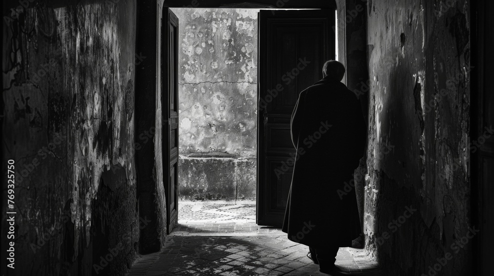 A lone figure wrapped in a long coat stands with back to the camera. They appear to be lost in contemplation as they gaze into . .
