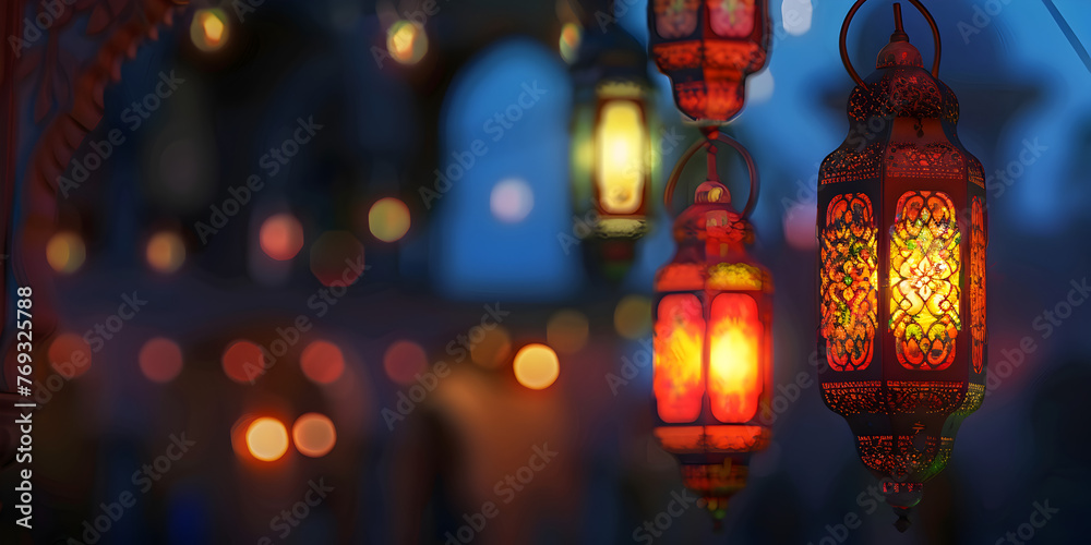   Glowing Realistic Lanterns Decorated Background For Islamic Holy Month Of Fasting Ramadan Kareem background and wallpaper  Banner With Decorative Lantern Background