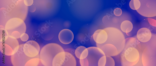 Blur warm bokeh on blue background. Pink yellow blurred effect wallpaper. Abstract shiny glitter, sparks and sparkles. Glowing backdrop for Christmas, New Year or birthday card, poster, banner. Vector