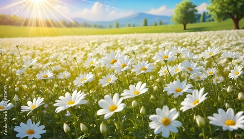 A breathtaking close-up of delicate white field flowers basking in the warm sunlight, their petals gently swaying in the gentle breeze.