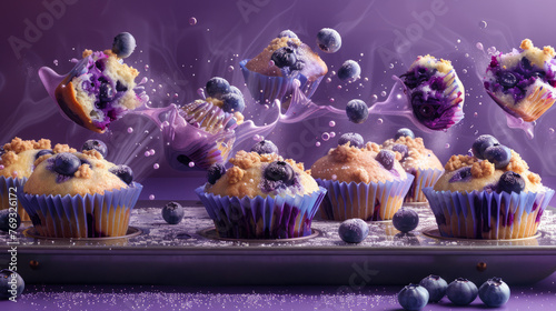 Enchanting image of blueberry muffins with berries and crumbs seemingly suspended in mid-air with a mystical purple background
