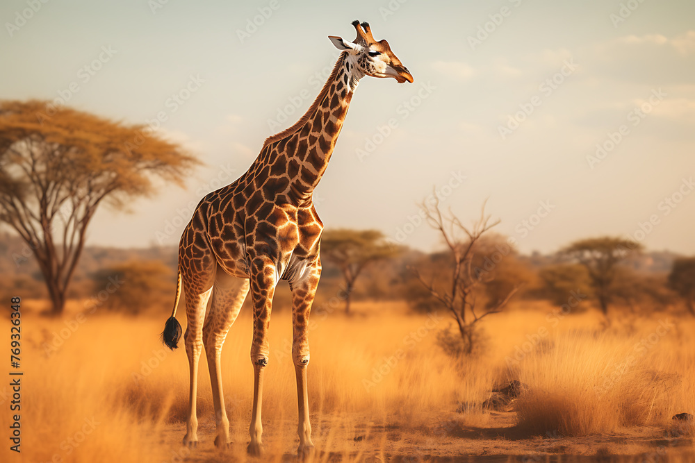 Obraz premium A graceful giraffe walks through the tall grass of the African savanna at sunset, with acacia trees in the background