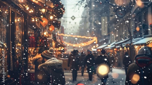 A closeup of a bustling city street lined with shops and cafes adorned with flickering holiday lights. People are seen walking in the snow bundled up in warm clothing. photo