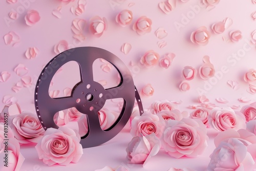 A 3D film reel icon for cinema lovers, on a pastel rose background photo