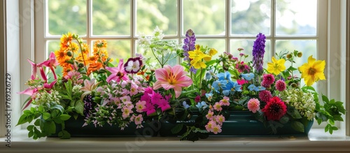 Display of vibrant garden flowers in a window planter