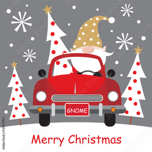 Christmas card with cute gnome and tree on the car