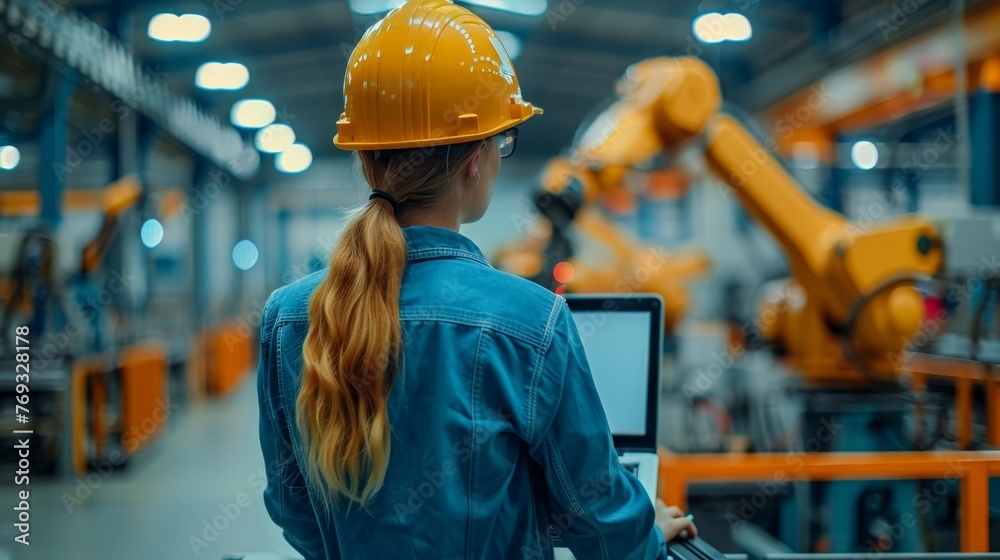 Automation Engineer Uses Laptop for Programming Robotic Arm at the factory Automation Engineer Uses Laptop for Programming Robotic Arm at the factory