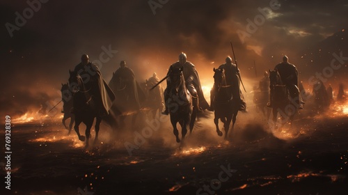 Behind them, an army of knights on horseback rushed forward. At night with flames and smoke floating in the air.ai generated.