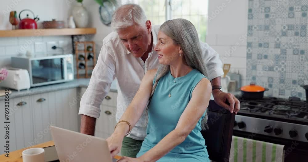 Laptop, happy and mature couple in kitchen networking on social media, website or the internet. Smile, technology and senior man and woman browsing on computer with conversation in apartment.