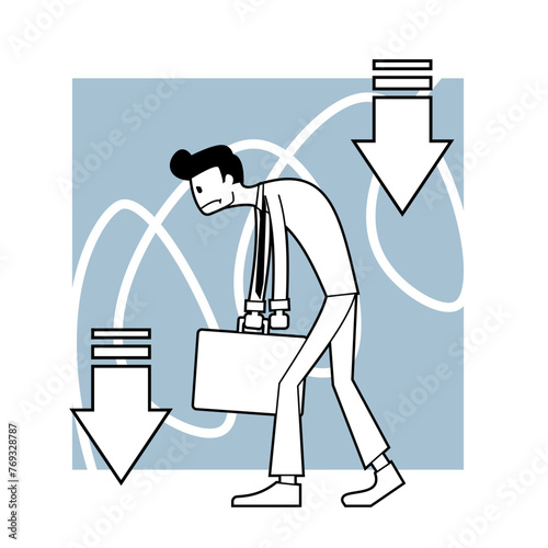 Businessman walking weary, head down as revenue declines