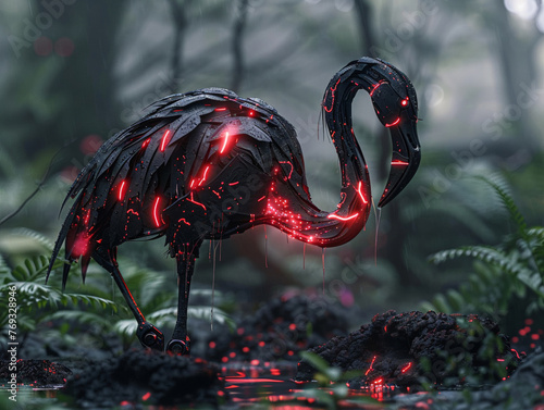 Dark flamingo robot in anime form, with glowing emberlike effects, hauntingly beautiful photo