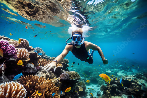 A snorkeler explores the underwater wonderland of a coral reef, surrounded by a variety of colorful tropical fish