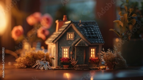 Whimsical tableau featuring a dainty tiny house model flanked by gleaming silver keys, evoking the essence of home ownership and quaint living spaces.