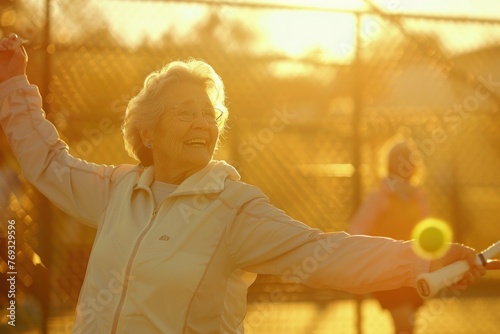 Happy senior woman playing tennis during recreational match with fellow retirees cheering.