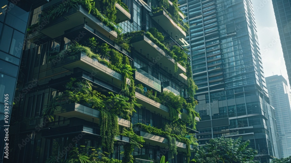 Futuristic eco-living in bustling cityscape. Community thriving on renewable resources and innovative solutions, setting the stage for a greener tomorrow.