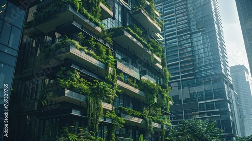 Futuristic eco-living in bustling cityscape. Community thriving on renewable resources and innovative solutions, setting the stage for a greener tomorrow.