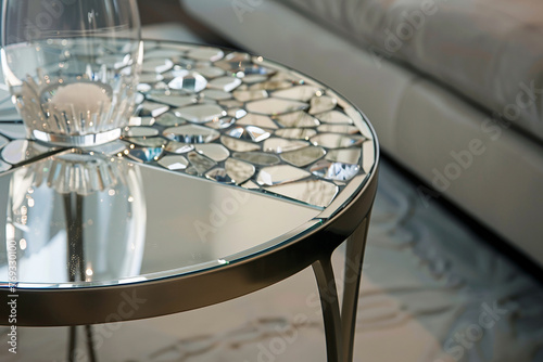  A transitional-style side table with a mirrored mosaic top  reflecting shards of light and adding a touch of glamour to any living space.  