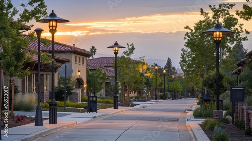 A scenic view of a quiet residential street lined with charming solarpowered streetlights that emit a soft subtle glow. . . photo