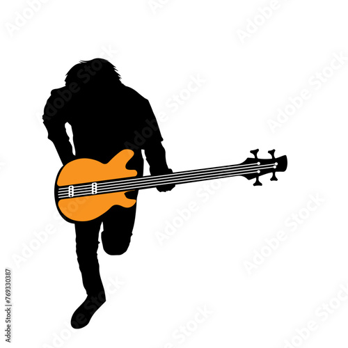 A character illustration of a rock music bassist with a cool pose while playing his orange bass