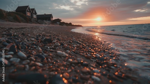 8w stunning photography of walberswick beach, sand, dunes, pebbles, water, sunset, black huts in the distance, dramatic photography, cinematic, warm summer  photo