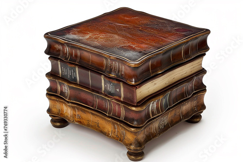  A whimsical side table resembling a stack of oversized books, complete with faux leather bindings and gilt-edged pages. 