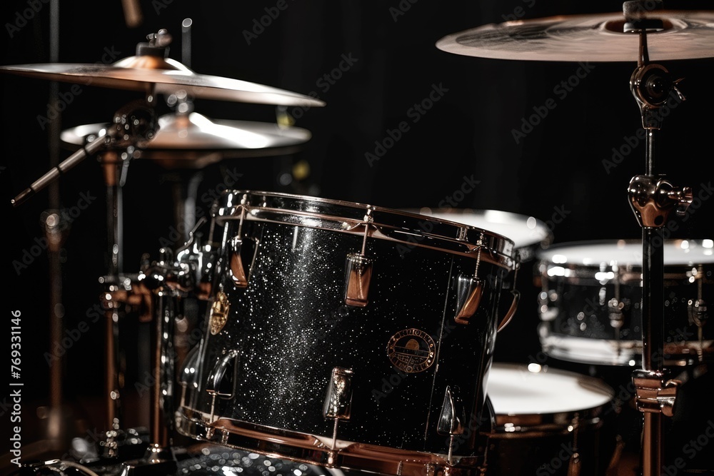 Drum set on black background. Musical drum kit in studio. AI Generated Drum set on black background. Musical drum kit in studio. AI Generated