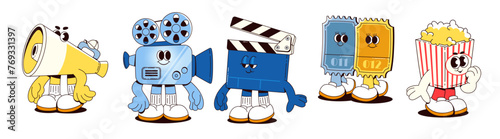 Movie theater mascots set isolated on white background. Vector cartoon illustration of megaphone, film projector, clapperboard, tickets, popcorn box characters, contemporary cinema design elements