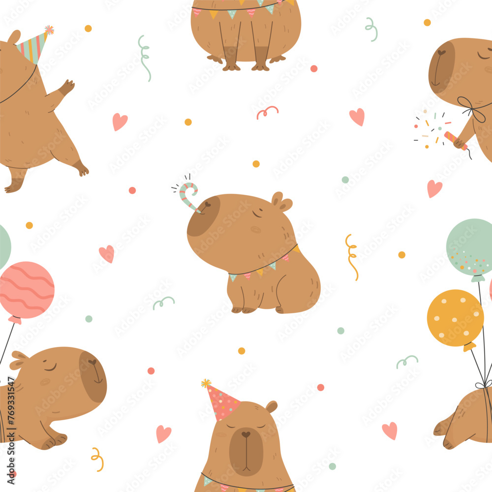 Funny capybara birthday seamless pattern