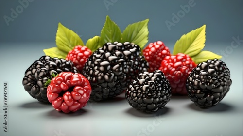 fresh blackberries and raspberries, Fruit blackberries food and drink icon 3D rendering on isolated background.	 photo