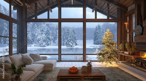Cozy Winter Retreat Rustic Open Floor Interior Room with Scenic Winter Background