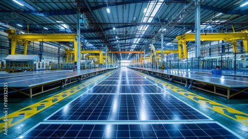 A panoramic view of the entire production line showcasing the scale and complexity of the operations involved in creating solar panels. . .