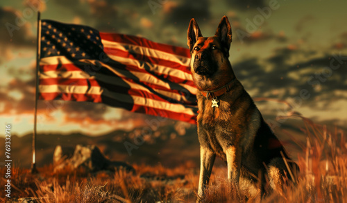 German Shepherd dog with American flag in sunset background.