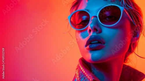 Woman in neon blue and pink lights wearing sunglasses.