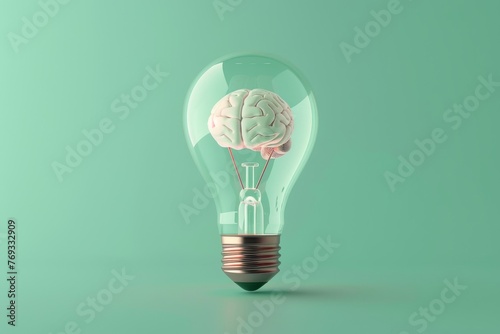 A 3D illustration of a crystal-clear light bulb with a luminous brain inside, placed on a pastel mint background for a fresh idea concept