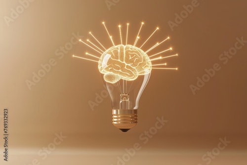 A 3D light bulb with a brain composed of light rays, floating on a pastel brown background, illustrating the concept of enlightenment