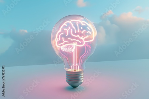 A 3D render of a light bulb with a neon glowing brain inside, placed on a pastel sky blue background, denoting clarity of thought photo