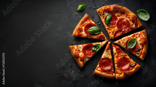 Three slices salami mozarella pizza black backgrou Pepperoni Pizza, macro photography of food in slow motion Charcuterie Board stock video, Generative Ai