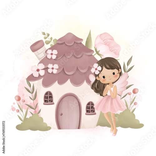 Watercolor Illustration Beautiful Fairy and Fairy House at Garden with Pink Flowers