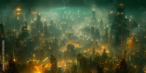 Futuristic Cityscape Blending Steampunk and Cyberpunk Elements with Advanced Technologies and Bustling Streets. Concept Futuristic Cityscape, Steampunk Elements, Cyberpunk Vibes