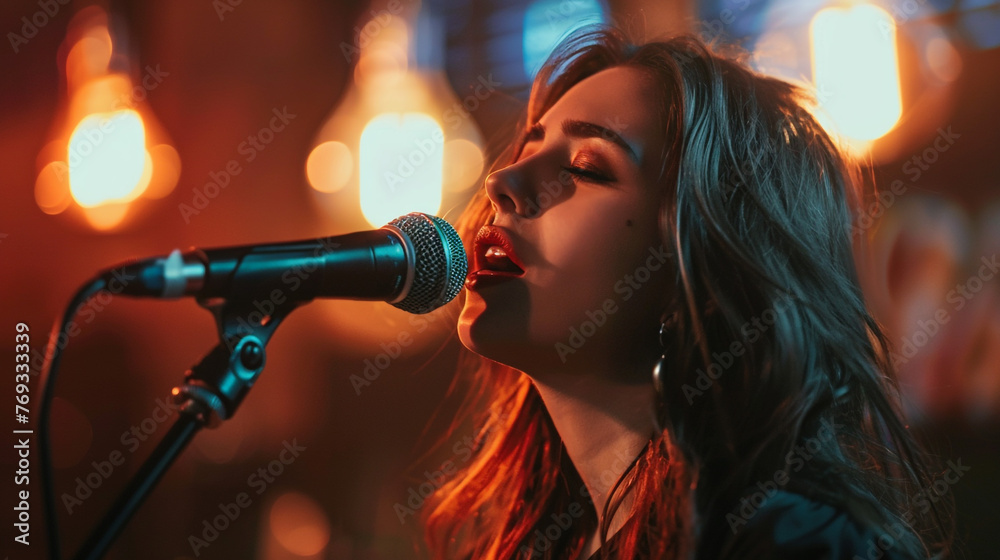Woman singer singing into microphone Woman singer singing into microphone