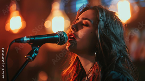 Woman singer singing into microphone