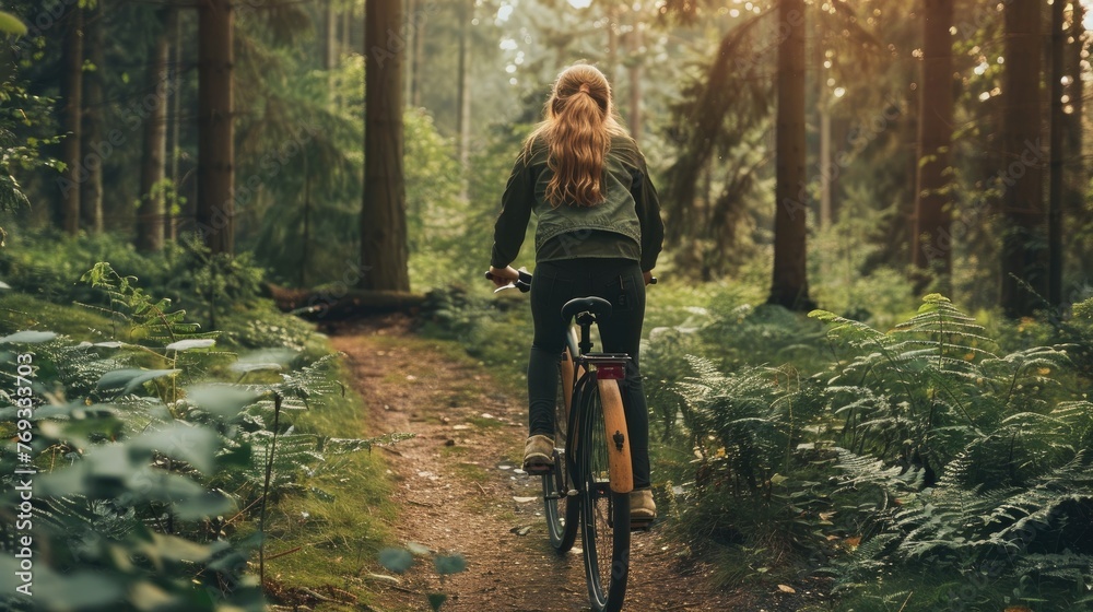 Naklejka premium Young woman cycling in forest