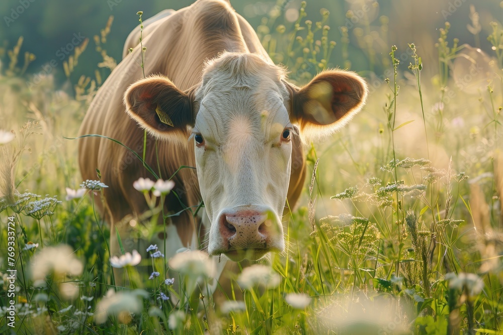 One cow graze green grass.