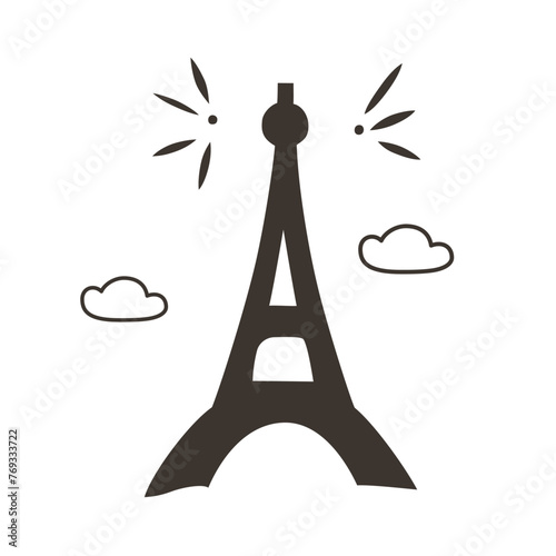 Eifel tower icon, vector illustration of Paris landmark, doodle image of French architecture, culture of France, traveling in Europe, famous romantic sight, isolated colored clipart