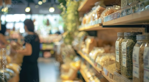 Wallpaper Mural Blurred foreground of interior in zero waste shop. Customers buying dry goods and bulk products in plastic free grocery store. Torontodigital.ca