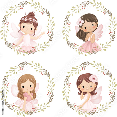 PrintWatercolor Illustration Set of Beautiful Fairy with Leaves Wreath