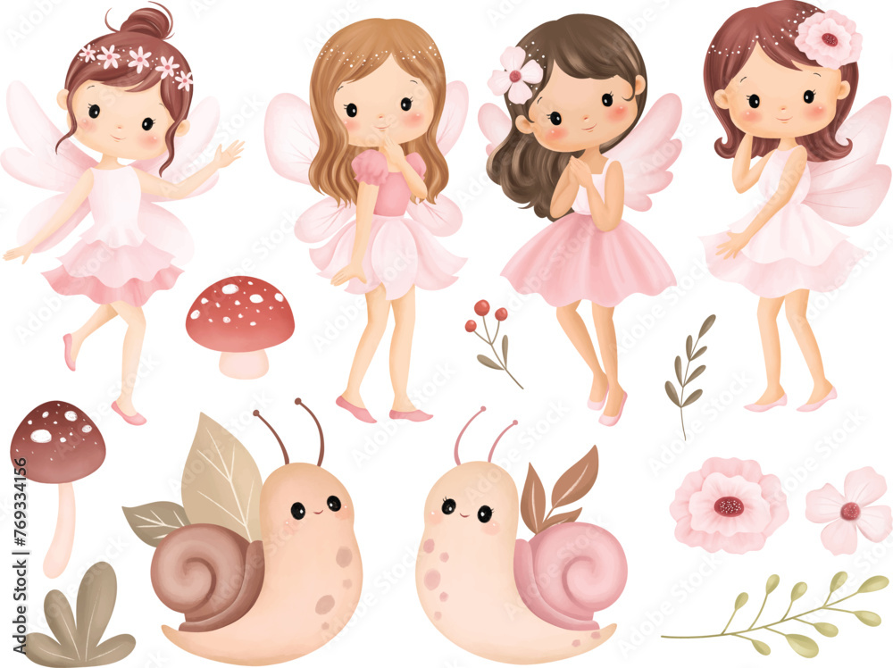 Watercolor Illustration Set of Beautiful Pink Fairy with Snail, Mushroom and Plants Watercolor Illustration Set of Beautiful Pink Fairy with Snail, Mushroom and Plants