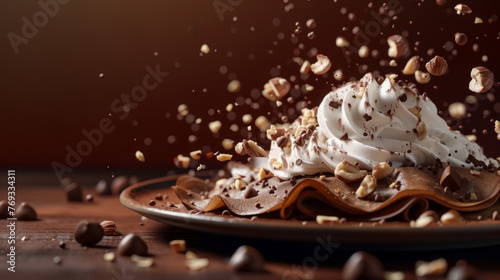 A dessert plate with whipped cream and nuts shower portrays a luxurious and irresistible treat